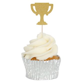 Gold Glitter Trophy Cupcake Toppers - 12pk