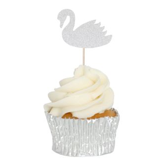 Silver Glitter Swan Cupcake Topper - 12pk