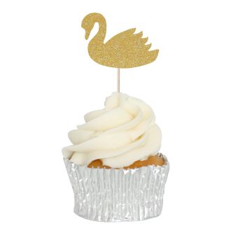 Gold Glitter Swan Cupcake Topper - 12pk