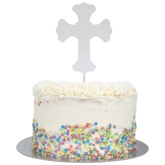 Silver Glitter Large Ornate Cross Cake Topper