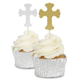 Ornate Glitter Cross Cupcake Toppers - 12pk