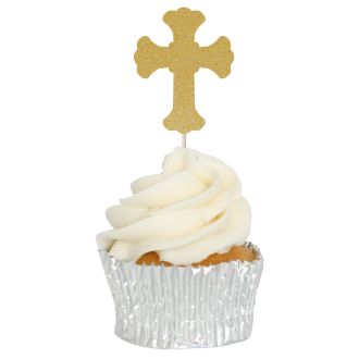 Gold Ornate Glitter Cross Cupcake Toppers - 12pk