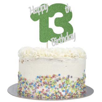Green Glitter Happy 13th Birthday Cake Topper