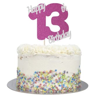 Hot Pink Glitter Happy 13th Birthday Cake Topper