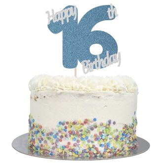 Blue Glitter Happy 16th Birthday Cake Topper