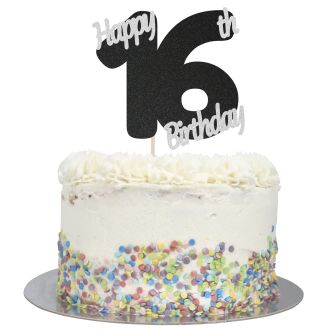 Black Glitter Happy 16th Birthday Cake Topper