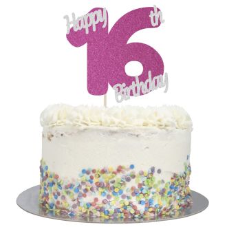 Hot Pink Glitter Happy 16th Birthday Cake Topper