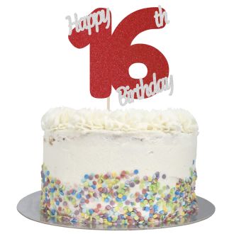Red Glitter Happy 16th Birthday Cake Topper