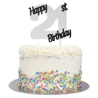 Silver Glitter Happy 21st Birthday Cake Topper