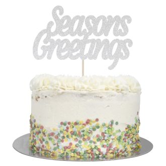 Silver Glitter Large Seasons Greetings Cake Topper