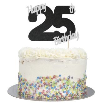 Black Glitter Happy 25th Birthday Cake Topper