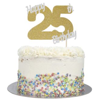Gold Glitter Happy 25th Birthday Cake Topper