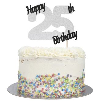 Silver Glitter Happy 25th Birthday Cake Topper