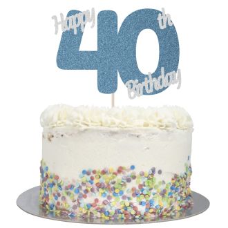 Blue Glitter Happy 40th Birthday Cake Topper