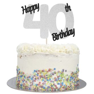 Silver Glitter Happy 40th Birthday Cake Topper