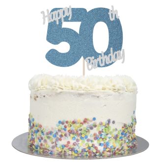 Blue Glitter Happy 50th Birthday Cake Topper