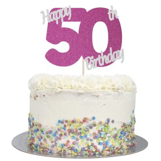 Hot Pink Glitter Happy 50th Birthday Cake Topper
