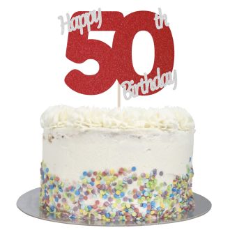 Red Glitter Happy 50th Birthday Cake Topper