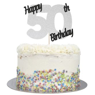 Silver Glitter Happy 50th Birthday Cake Topper