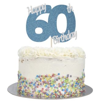 Blue Glitter Happy 60th Birthday Cake Topper