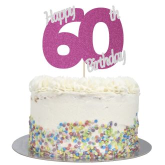 Hot Pink Glitter Happy 60th Birthday Cake Topper