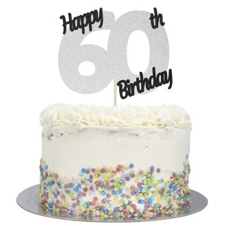 Silver Glitter Happy 60th Birthday Cake Topper