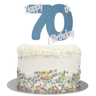 Blue Glitter Happy 70th Birthday Cake Topper