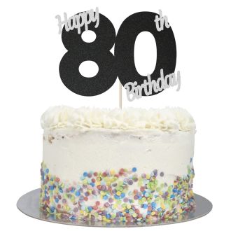 Black Glitter Happy 80th Birthday Cake Topper