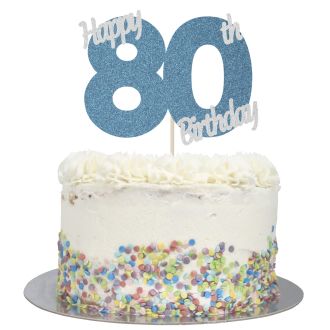 Blue Glitter Happy 80th Birthday Cake Topper
