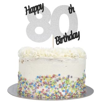 Silver Glitter Happy 80th Birthday Cake Topper