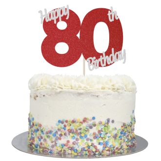 Red Glitter Happy 80th Birthday Cake Topper