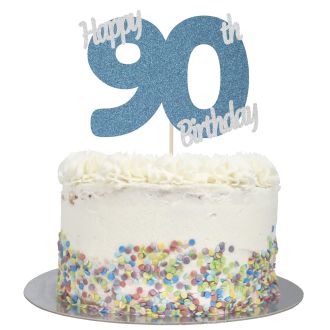 Blue Glitter Happy 90th Birthday Cake Topper