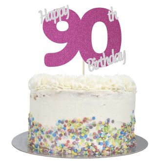 Hot Pink Glitter Happy 90th Birthday Cake Topper