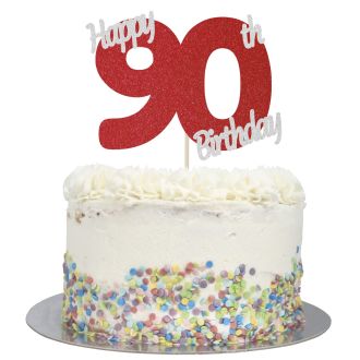 Red Glitter Happy 90th Birthday Cake Topper