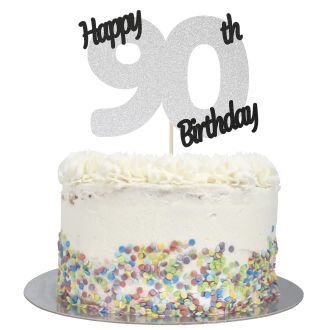 Silver Glitter Happy 90th Birthday Cake Topper
