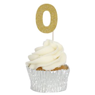 Gold Glitter 0 Glitter Number Cupcake Toppers - 12pk
