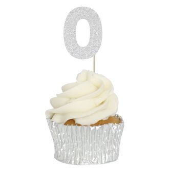 Silver Glitter 0 Glitter Number Cupcake Toppers - 12pk