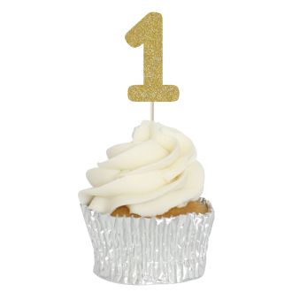 Gold Glitter 1 Glitter Number Cupcake Toppers - 12pk