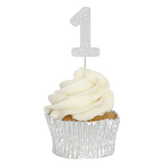 Silver Glitter 1 Glitter Number Cupcake Toppers - 12pk