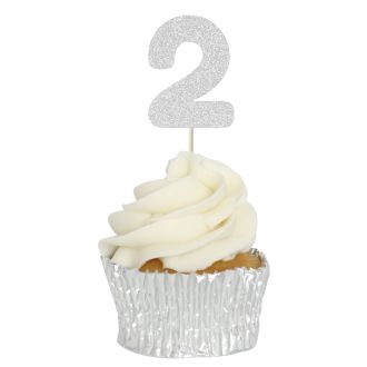 Silver Glitter 2 Glitter Number Cupcake Toppers - 12pk