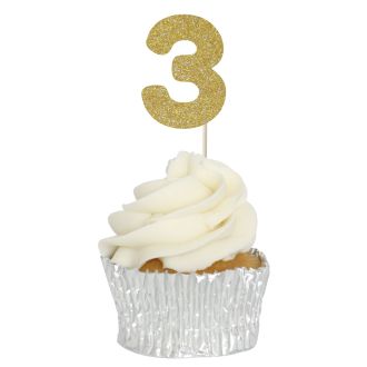Gold Glitter 3 Glitter Number Cupcake Toppers - 12pk
