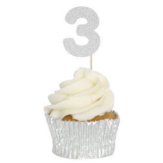 Silver Glitter 3 Glitter Number Cupcake Toppers - 12pk