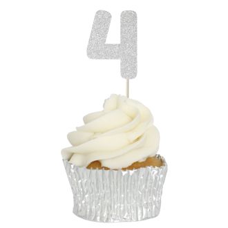 Silver Glitter 4 Glitter Number Cupcake Toppers - 12pk