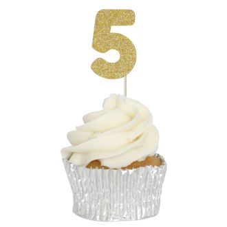 Gold Glitter 5 Glitter Number Cupcake Toppers - 12pk