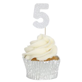 Silver Glitter 5 Glitter Number Cupcake Toppers - 12pk