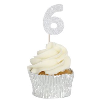 Silver Glitter 6 Glitter Number Cupcake Toppers - 12pk