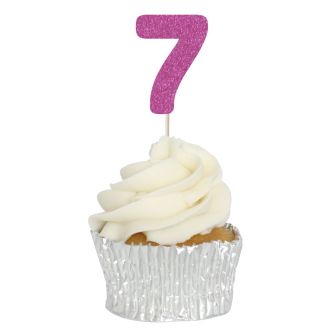 Hot Pink Glitter 7 Glitter Number Cupcake Toppers - 12pk
