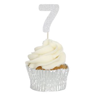 Silver Glitter 7 Glitter Number Cupcake Toppers - 12pk