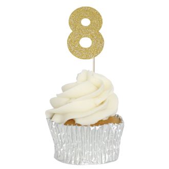 Gold Glitter 8 Glitter Number Cupcake Toppers - 12pk