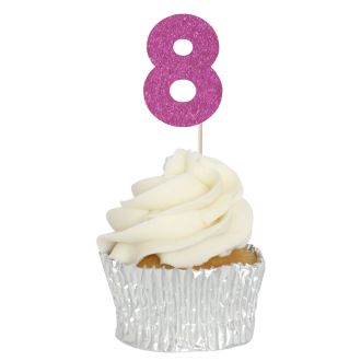 Hot Pink Glitter 8 Glitter Number Cupcake Toppers - 12pk